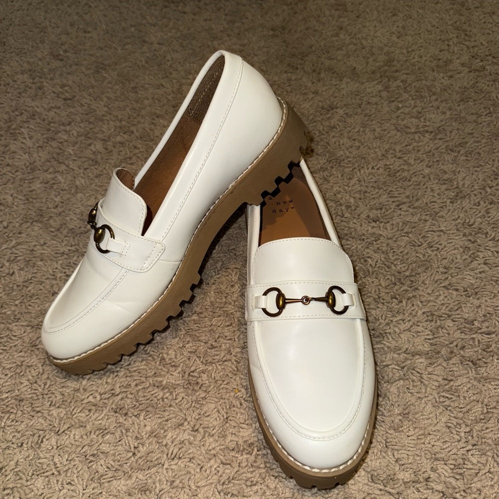 White Leather Loafers with Brown Sole
